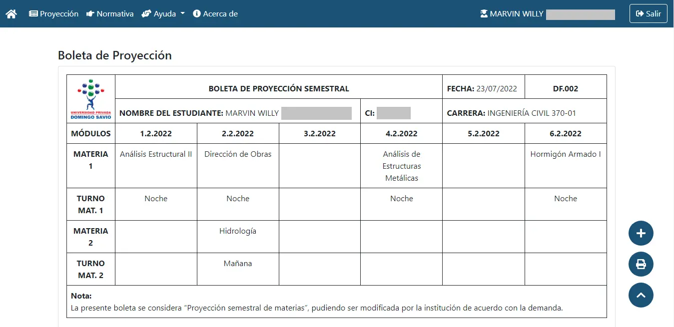 Boleta de proyección académica